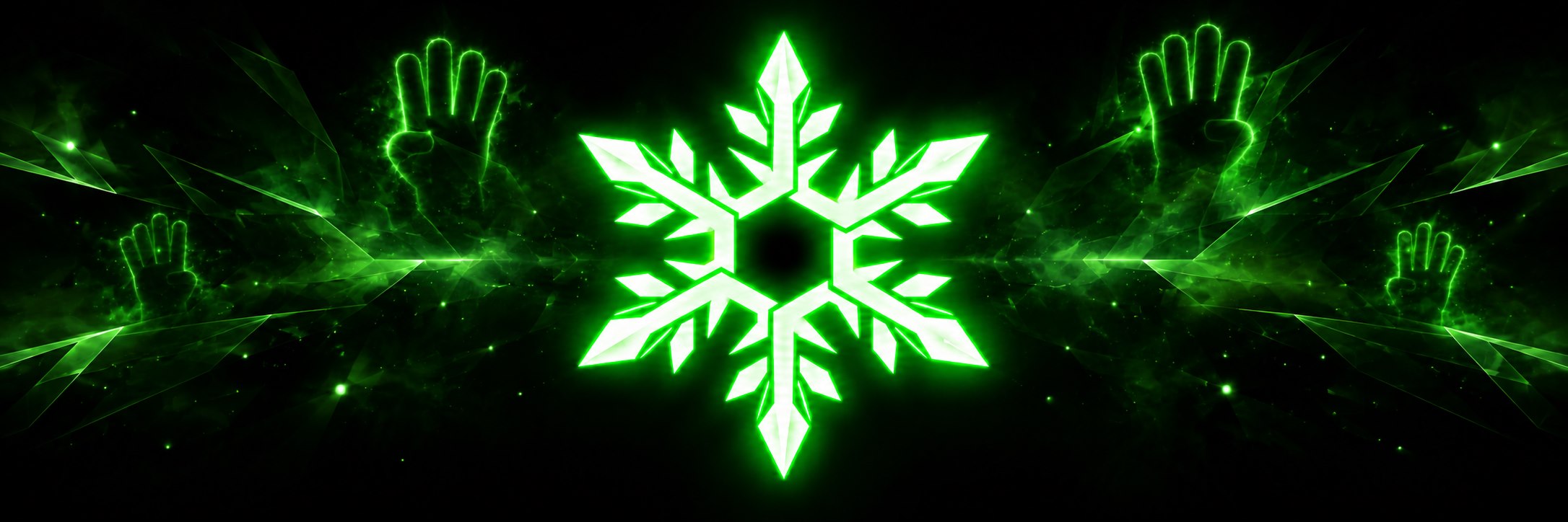 Frosty AI 霓虹绿雪花，两侧是发光的 four.meme 手势图标