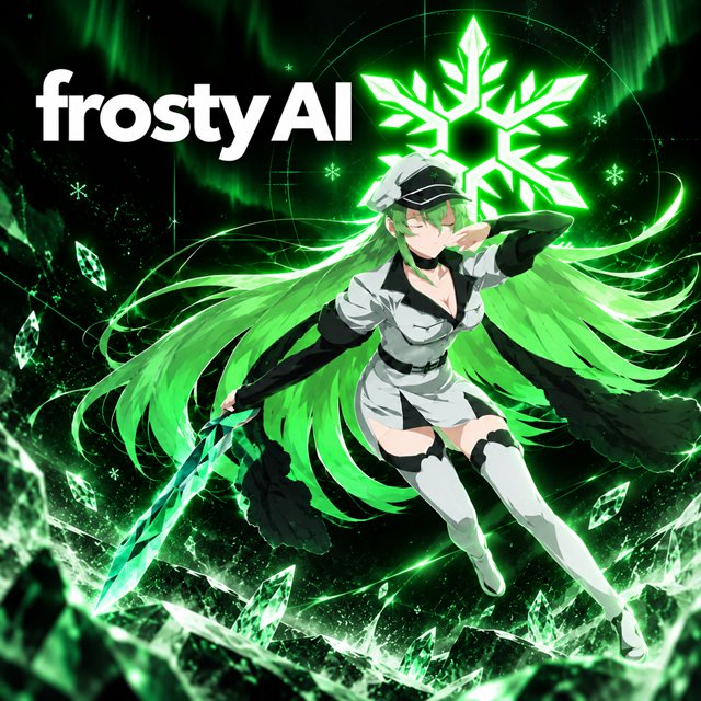 Frosty AI 海报：绿色长发角色手持冰晶长剑，身后是发光的霓虹雪花